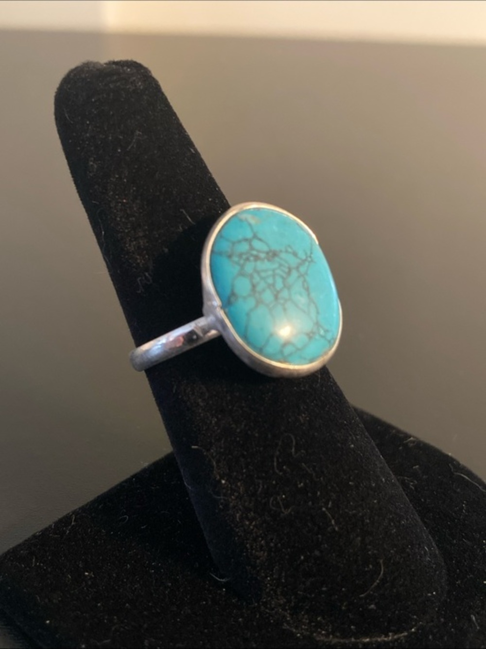 Silver Ring with Oval Turquoise Stone - Women Jewelry  size 7